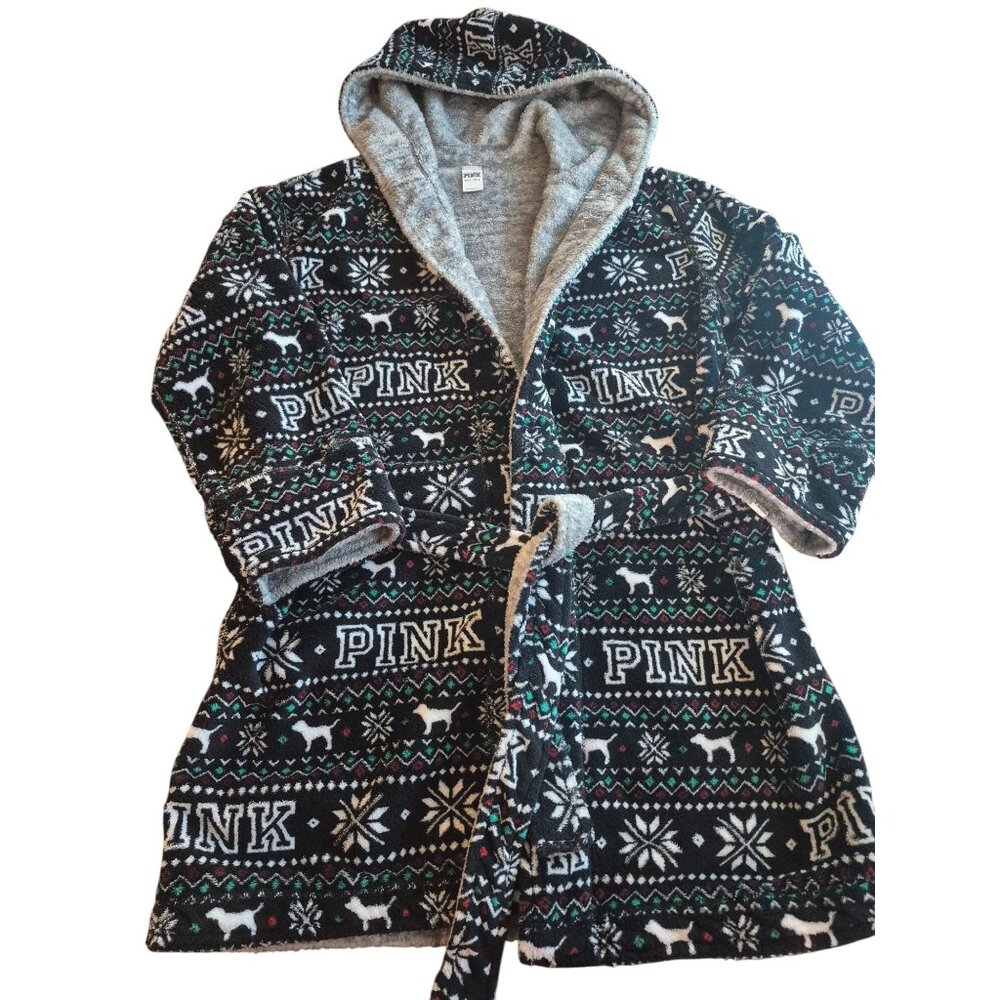 Victorias Secret Pink XS/S Hooded Sherpa-Lined Bathrobe Black Fair Isle Print